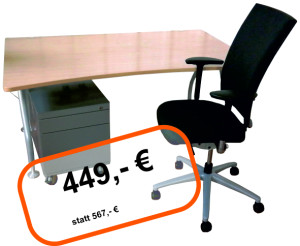Komplettset aus Schreibtisch, Bürostuhl und Rollcontainer