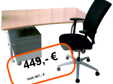 Komplettset aus Schreibtisch, Bürostuhl und Rollcontainer